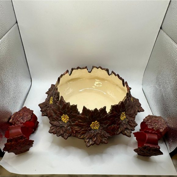Mid Century Poinsettia Bowl w 4 Napkin Rings 1950s 60s Christmas Decor Set